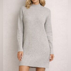 Ribbed Sweater Dress Womens Large Gray Knit Long Sleeve Mock Neck Fitted